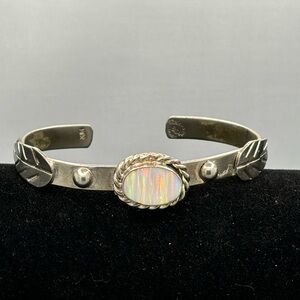 Silver Mexican Opal Leaf Cuff Bracelet